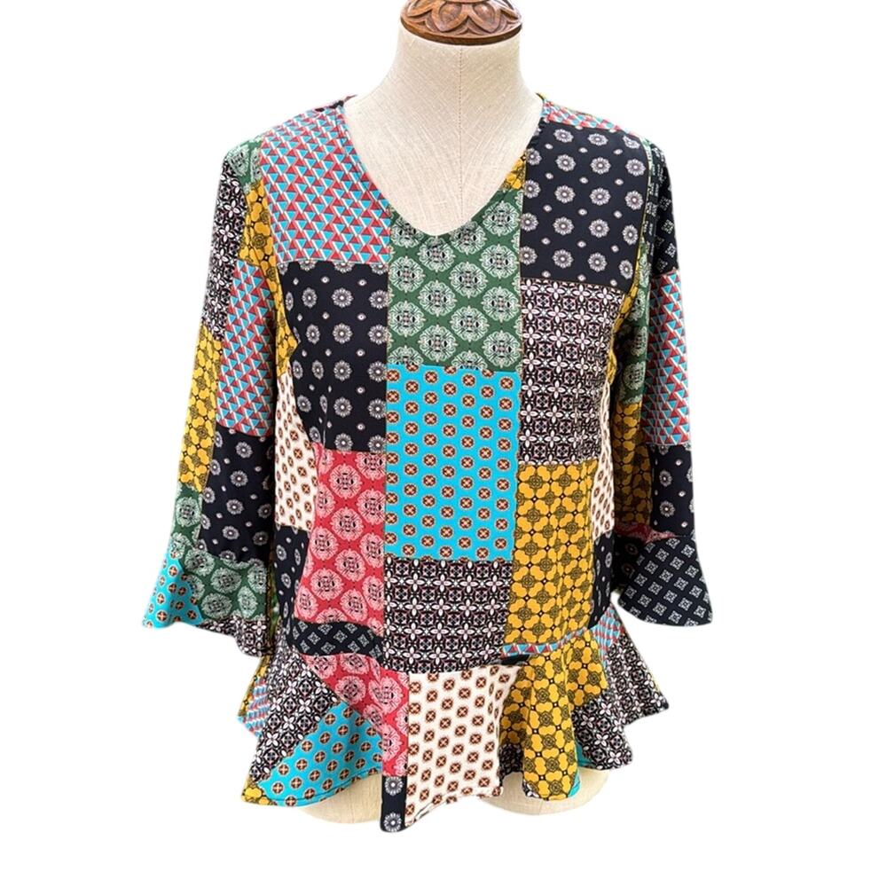Lake Flower 3/4 Bell Sleeves Patchwork Boho Blouse Women's Size Small